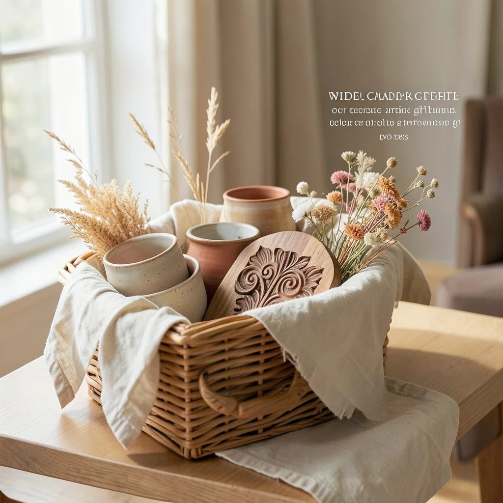 A handmade ceramic bowl resting on a parcel wrapped in terracotta paper, tied with ribbon and a wooden maker tag